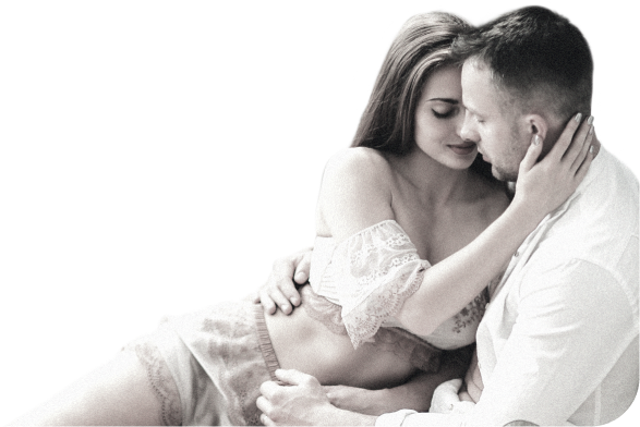 DoubleList graphic of a woman in lingerie and a man embracing to kiss against a pink backdrop with circles and heart motifs.